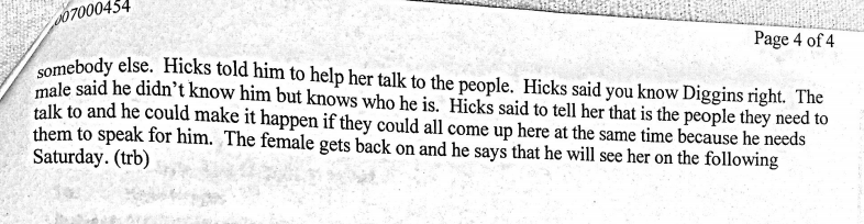 Hicks telephone call in which he says Diggins is the people they need to talk to